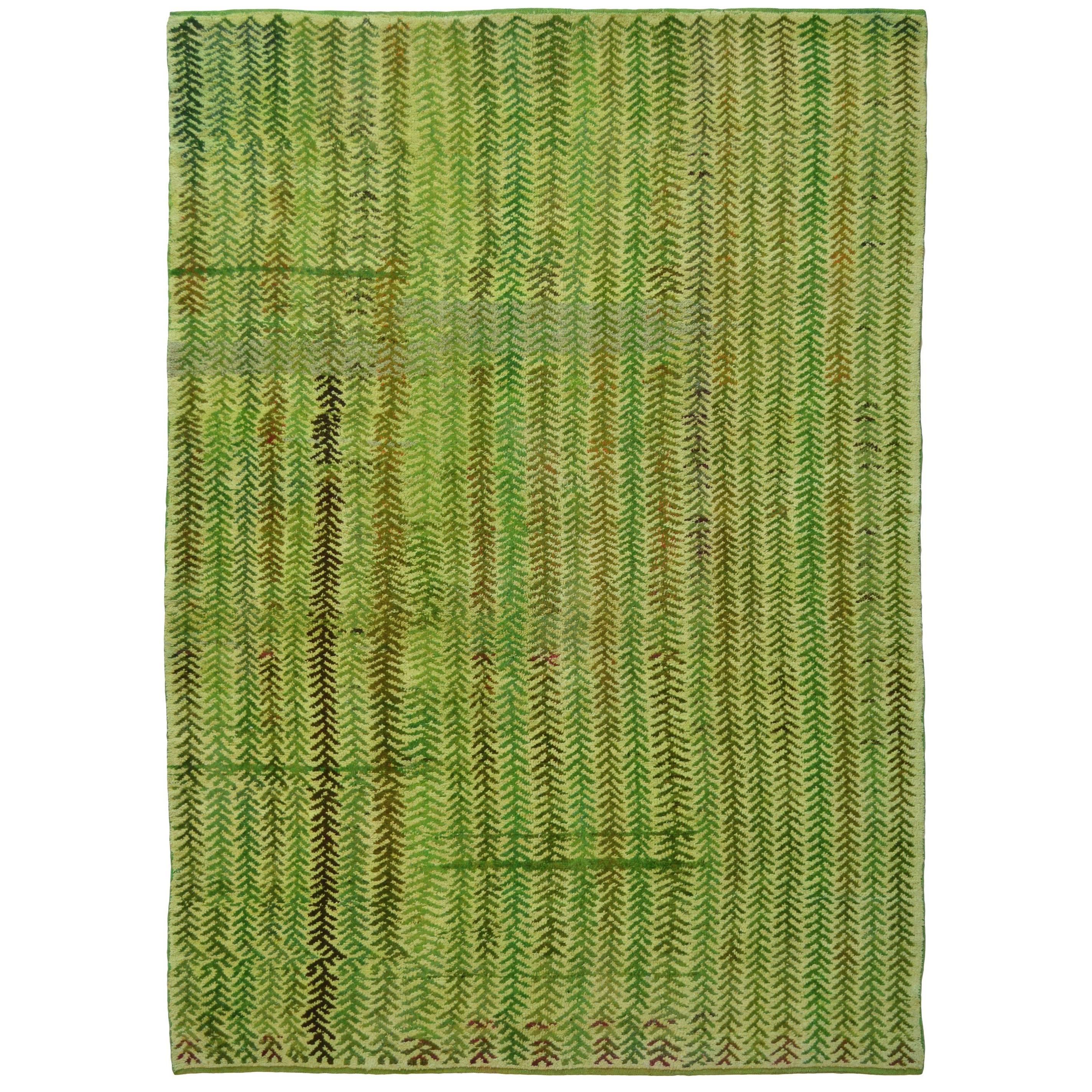 Vintage Hand-Knotted Wool Green-Vine Turkish Rug
