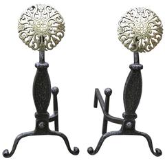 Colonial Style Iron and Brass Medallion Andirons, Set