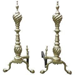 Late Victorian Spiral Chippendale Style Brass Andirons, Pair 5