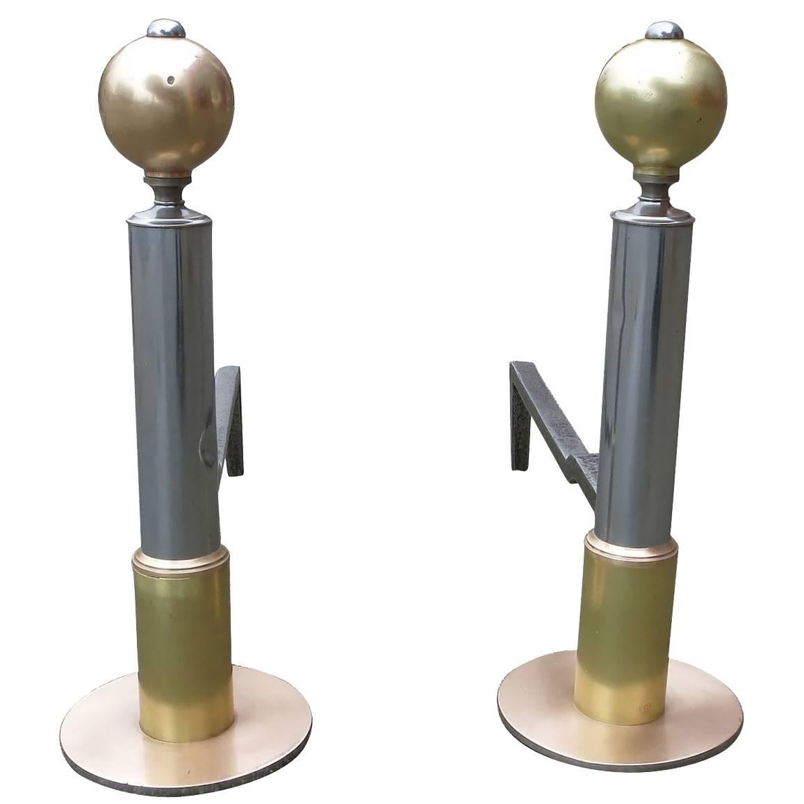 American Art Deco Chrome and Brass Geometric Andirons