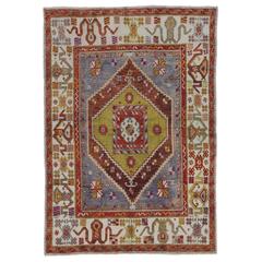 Modern Vintage Turkish Oushak Rug with White Border and Blue Field