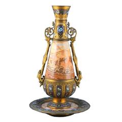 French Champleve Enamel and Onyx Bronze Mounted Vase