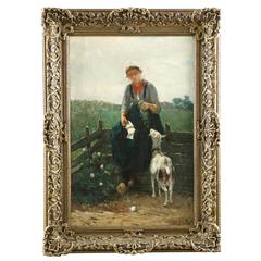 Fine Dutch Barbizon Painting of Girl Feeding Goats by David de la Mar 8