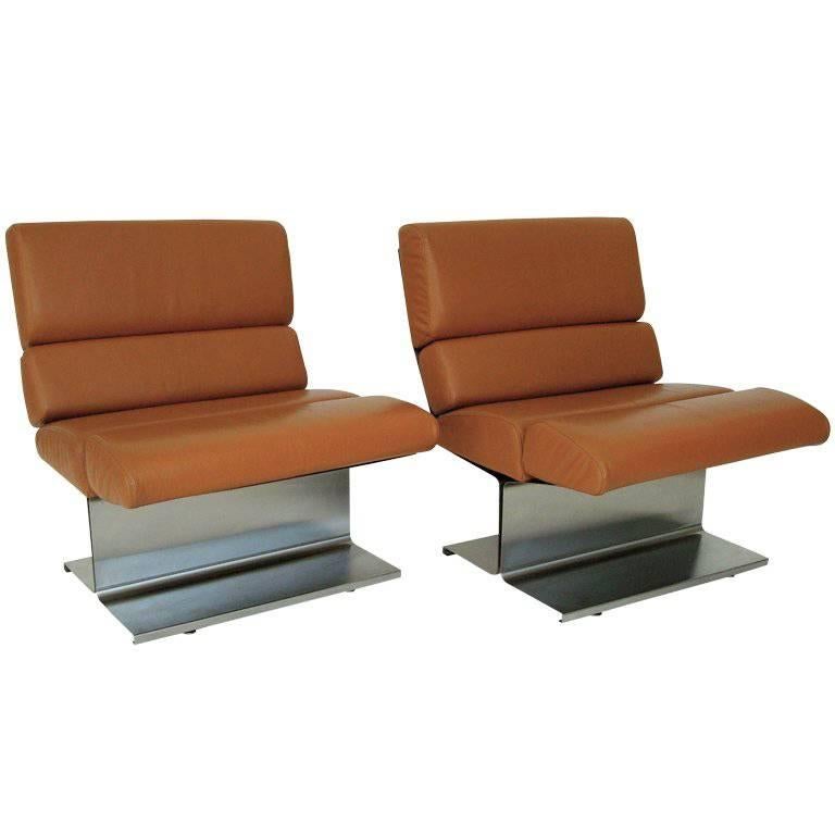 Pair of French Stainless Steel Lounge Chairs by Francois Monnet 