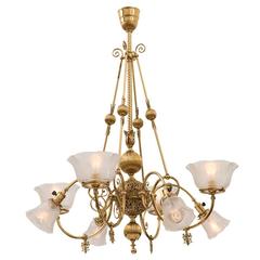 Gas/Electric Empire Chandelier with Brass-Plated Finish, circa 1900