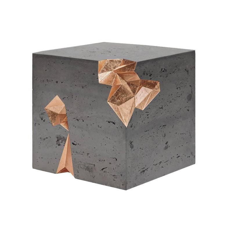 Monolith Geometric Table in Concrete and Gold Leaf  by Harrow Studio