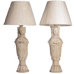 Pair of White Carrara Marble of Caryatid with Claw-Feet Table Lamps 11