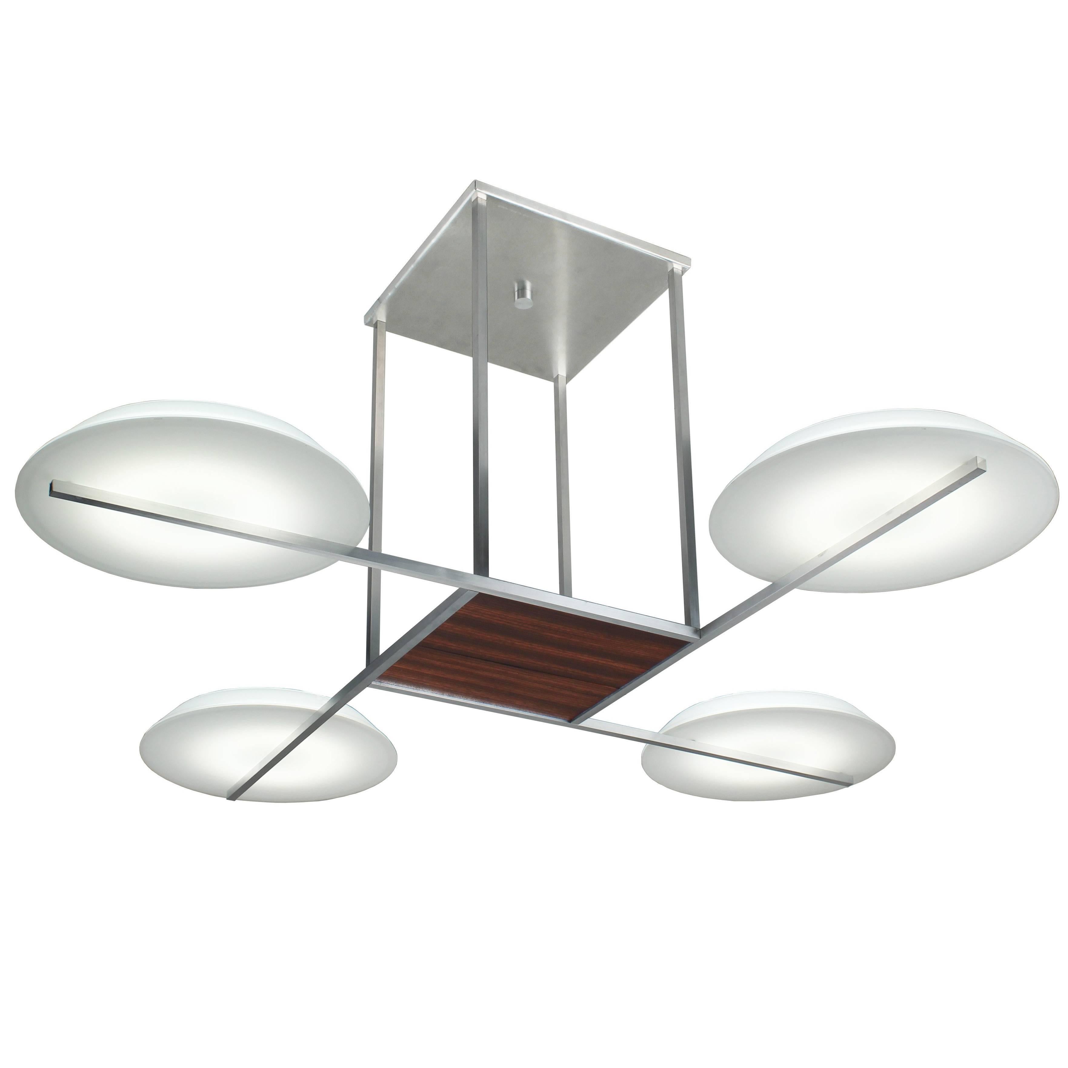 Mid-Century Modern Flush Mounted Pendant Light with Wood Aluminium and Glass For Sale