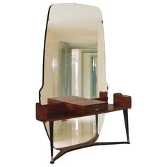 Italian Mid-Century Vanity Console Cesare Lacca Style with Mirror in Burl Walnut