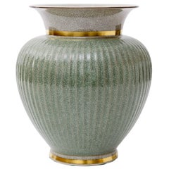 Scandinavian Modern Royal Copenhagen Green "Crackle" Glaze Vase with Gold