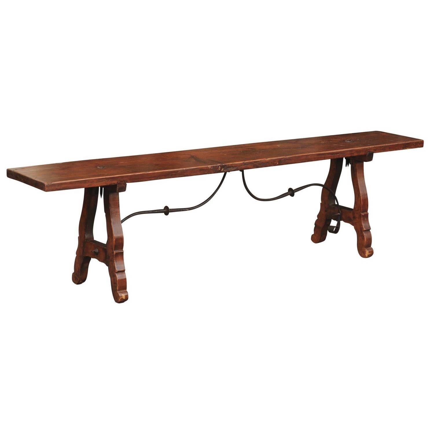 Spanish Late 19th Century Long Wooden Bench with Iron Stretcher