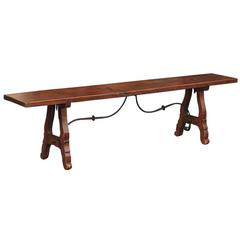 Spanish Late 19th Century Long Wooden Bench with Iron Stretcher
