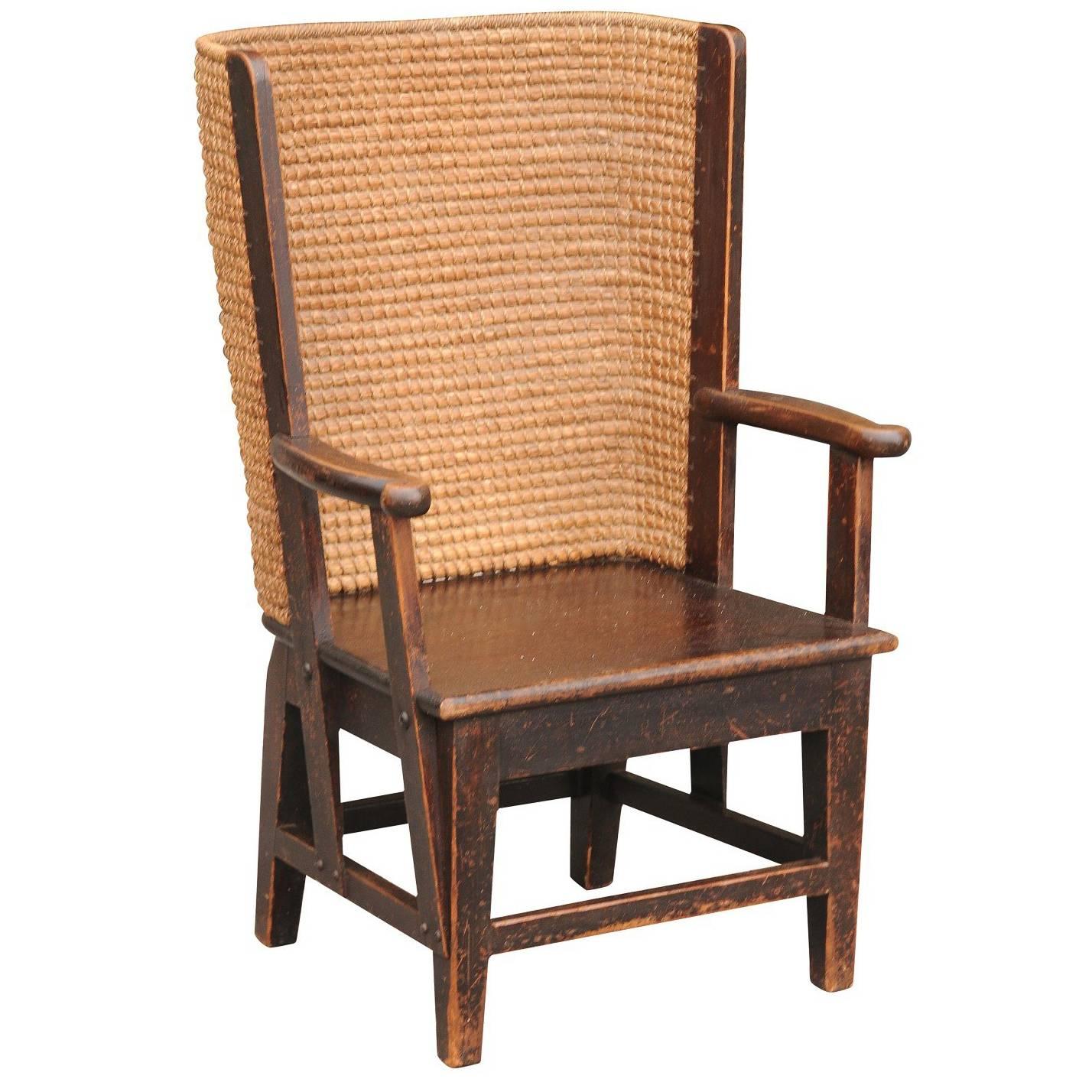 Antique Scottish Mid-19th Century Orkney Chair with Handwoven Straw Back