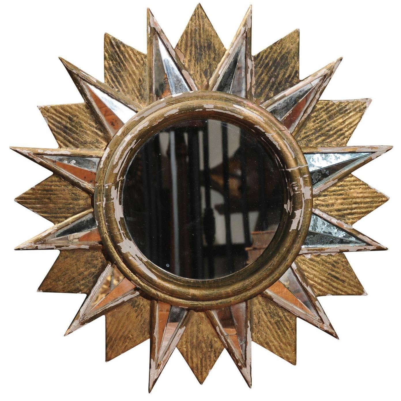 French Vintage Sunburst Mirror with Glass and Giltwood Sunrays