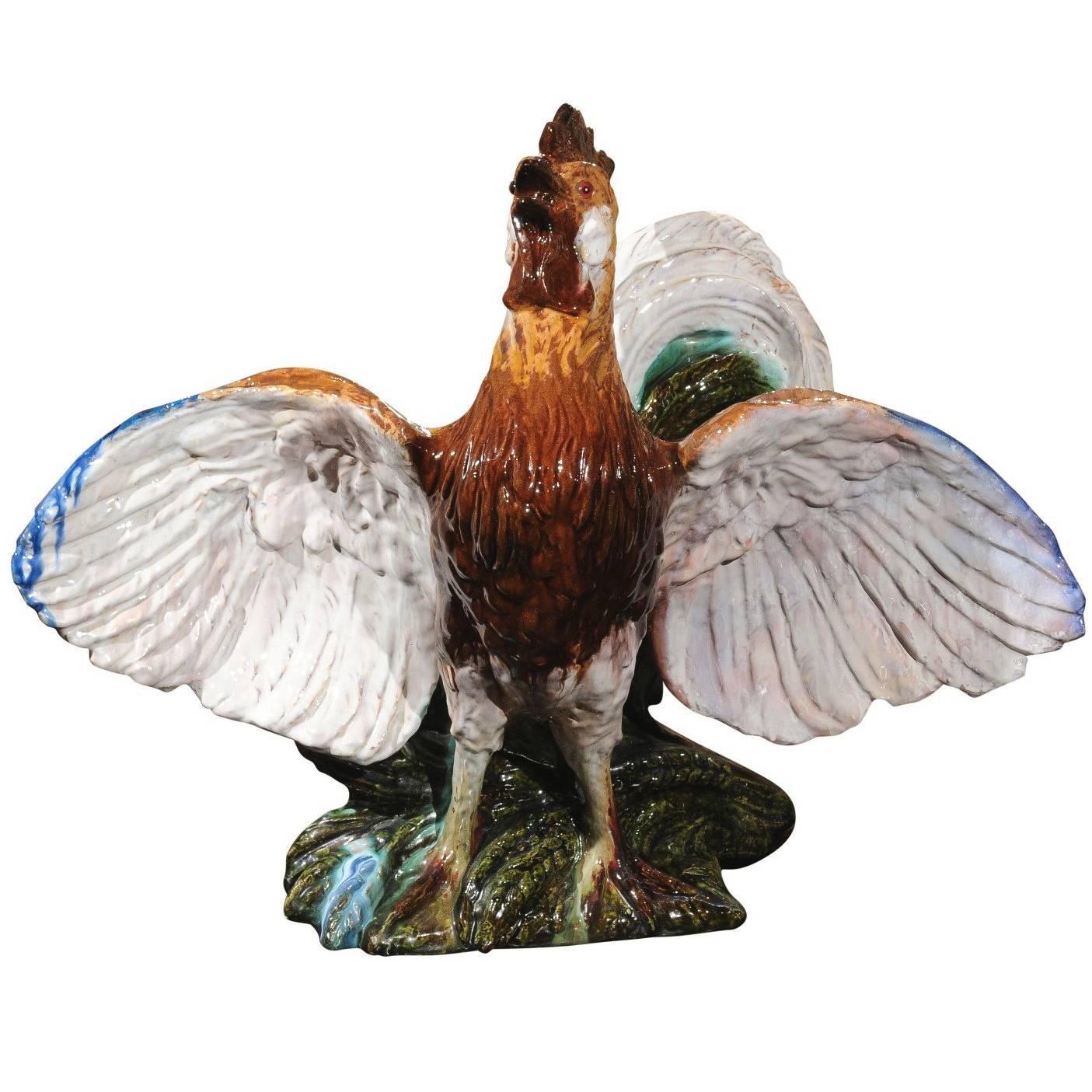 French Rooster Majolica Sculpture from the Turn of the Century