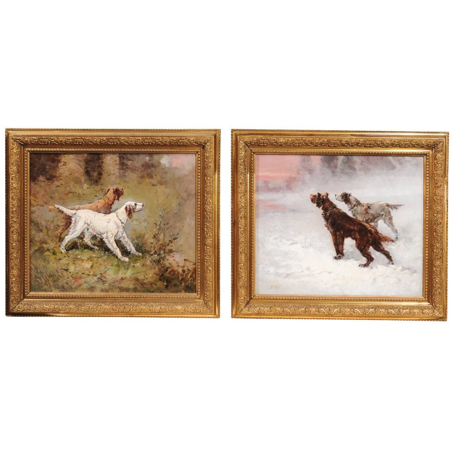 Pair of French Early 20th Century Oil Paintings of Sporting Dogs by G. Ben