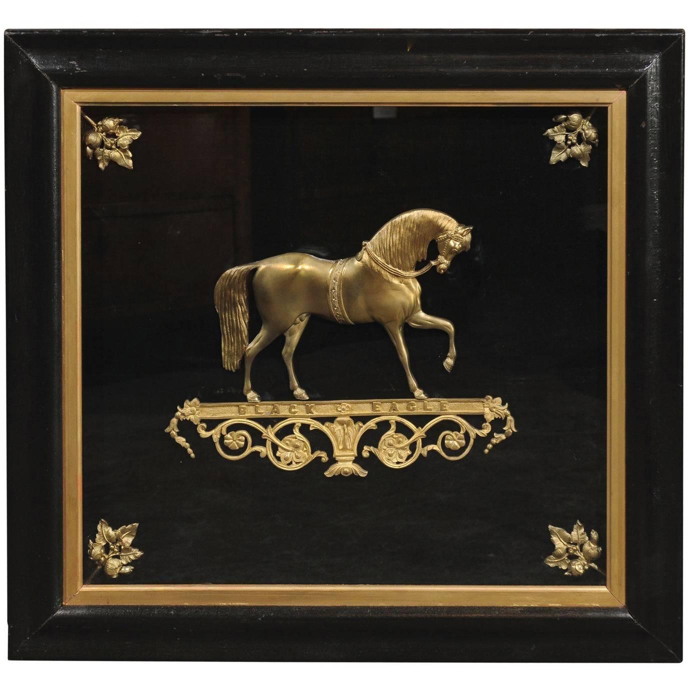 English 19th Century Brass Black Eagle Prancing Horse in Custom Shadowbox Frame