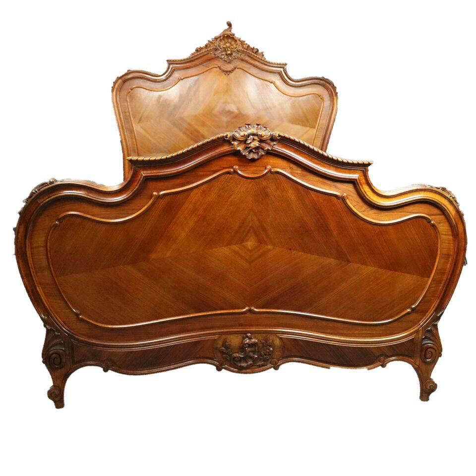 Antique French Rococo Style Carved Mahogany and Kingwood Full Bed Frame