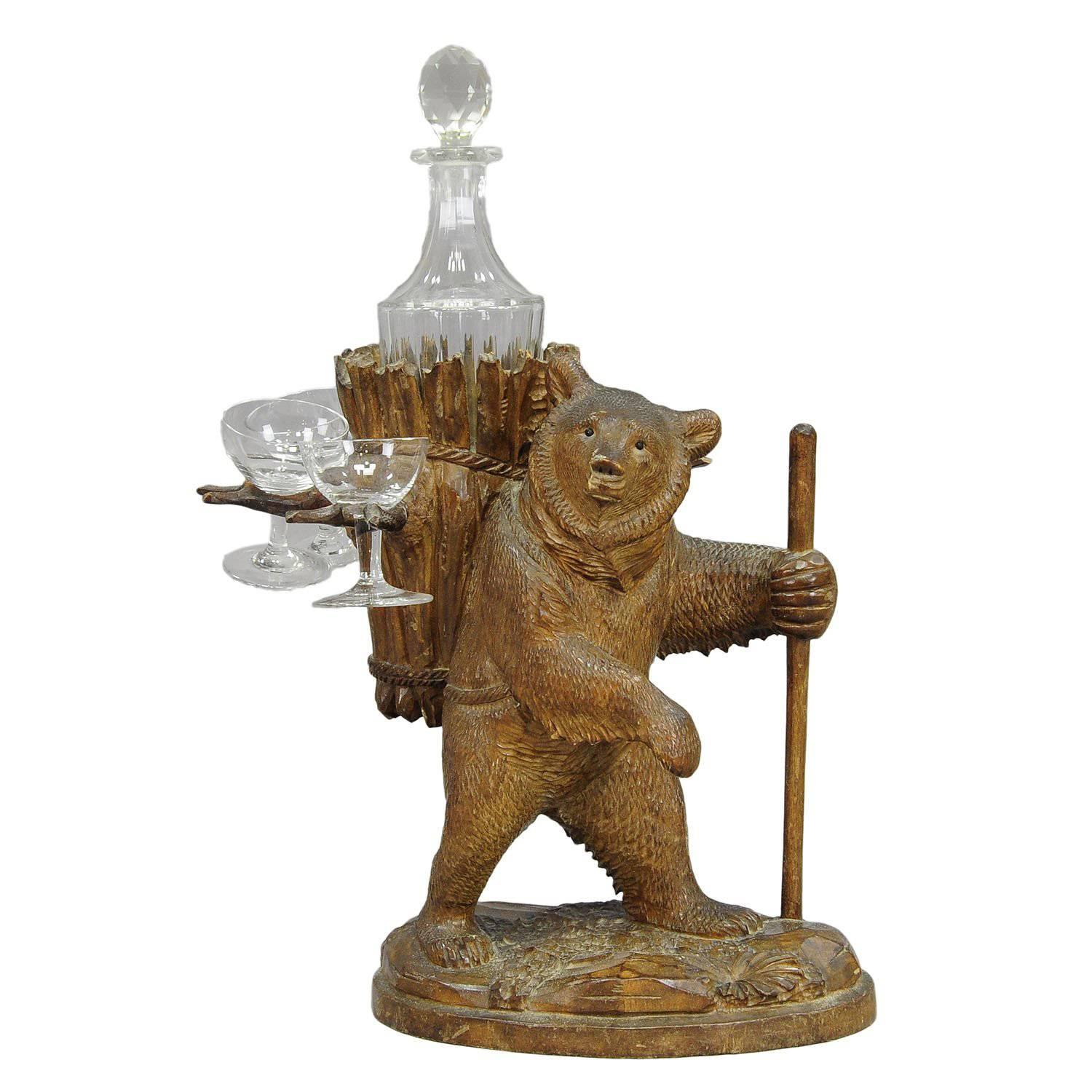 Wooden Carved Bear Decanter Stand Swiss Brienz, 1900