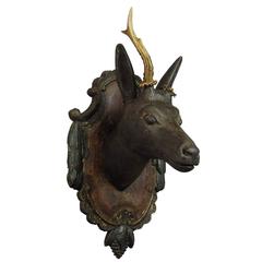 Black Forest Carved Wood Deer Head with Abnorm Antlers