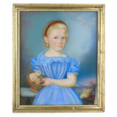 Child Portrait, Pastel Chalk on Paper, 2nd Half 19th Century, Girl in Blue Dress