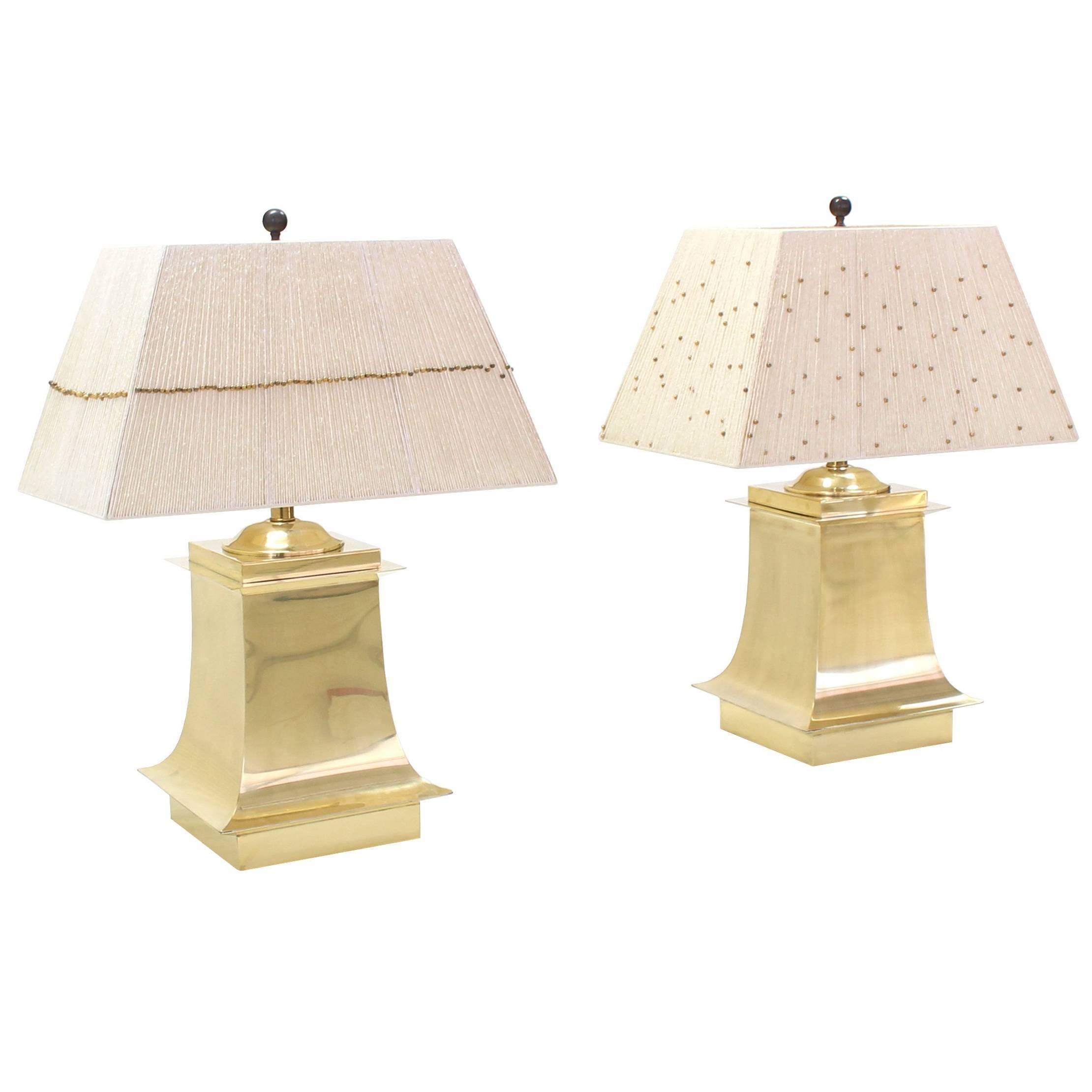 Interactive Brass Beads Shades Square Brass Bases Table Lamps Mid-Century Modern For Sale