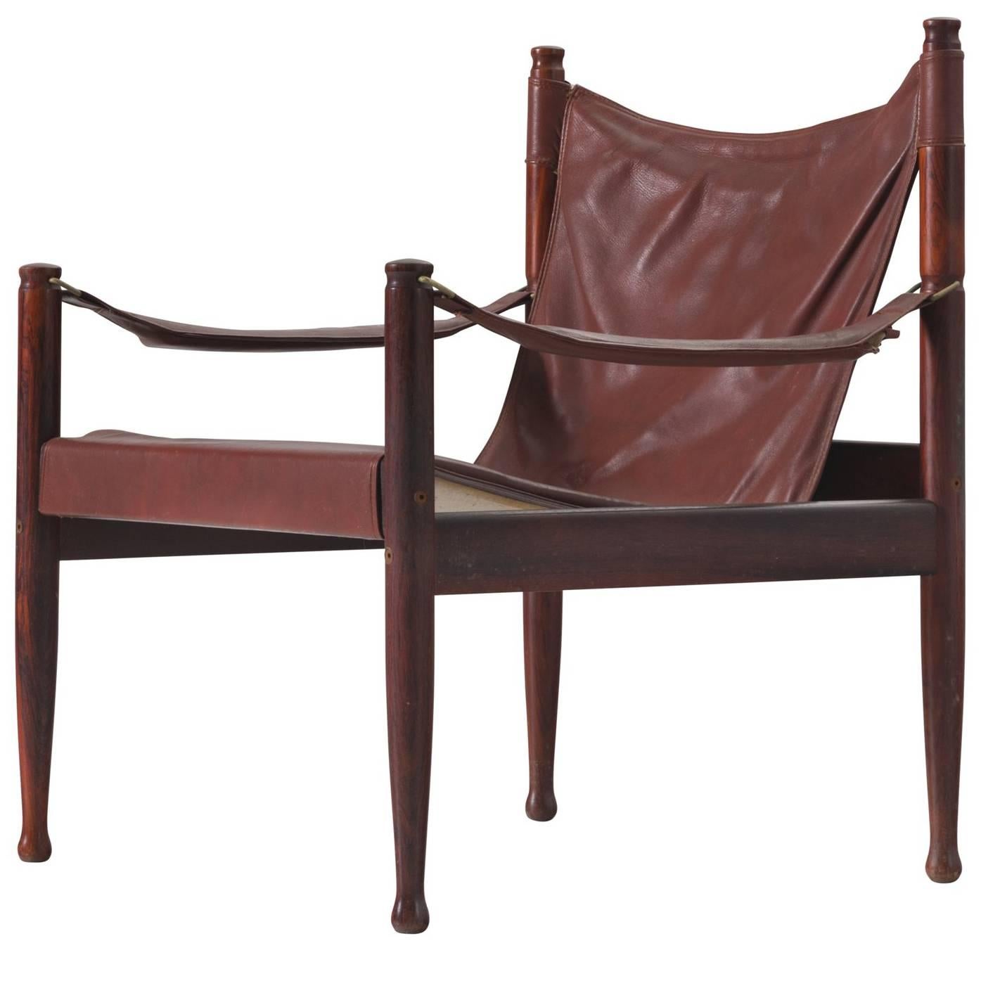 Erik Wørts Safari Lounge Chair in Rosewood and Brown Leather