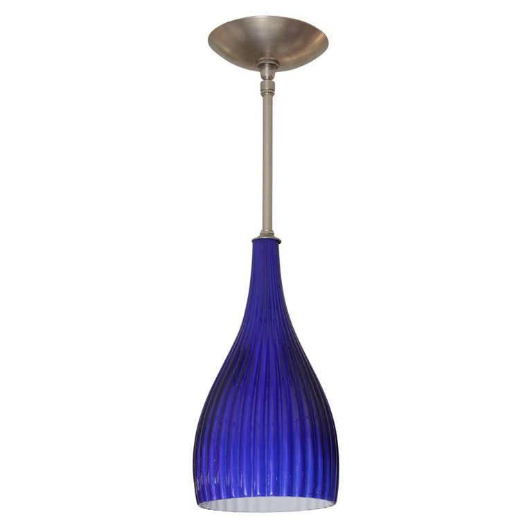 Cobalt Blue Ribbed Murano Pendant with Nickel Hardware For Sale