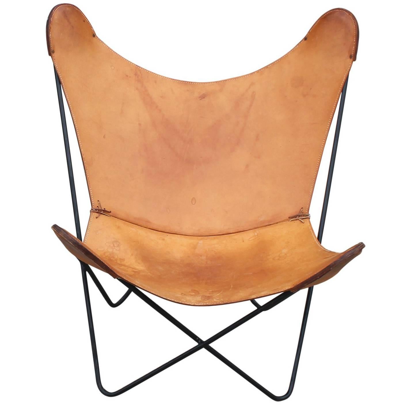 Modern Knoll Light Brown Leather Butterfly Chair with Iron Frame