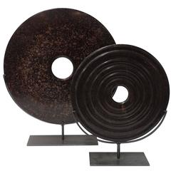 Set of Two Brown Stone Discs, China, Contemporary