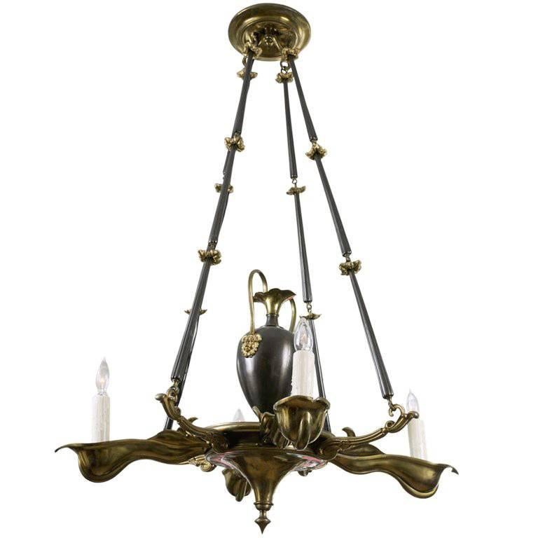 Art Deco Gilt and Patinated Bronze, Four-Light Chandelier For Sale