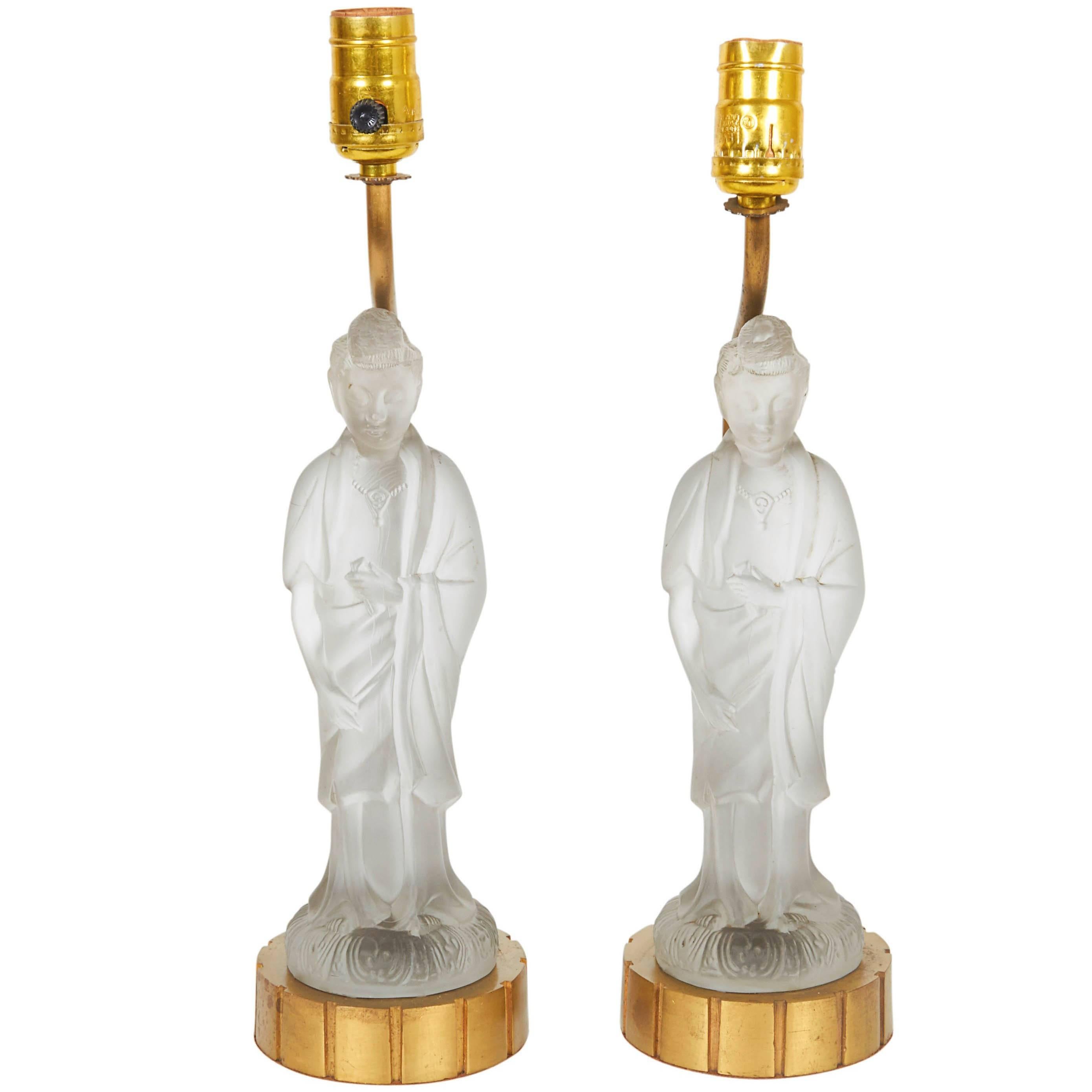 Pair of 1920s Figural Satin Glass Quan Yin Lamps