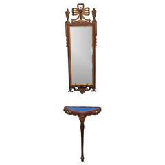 Antique Painted European Wall Mirror and Cobalt Mirror Top Table