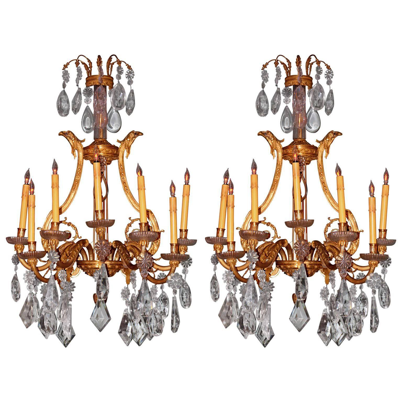 Pair of 19th Century French Dore Bronze Cut Crustal Sconces For Sale