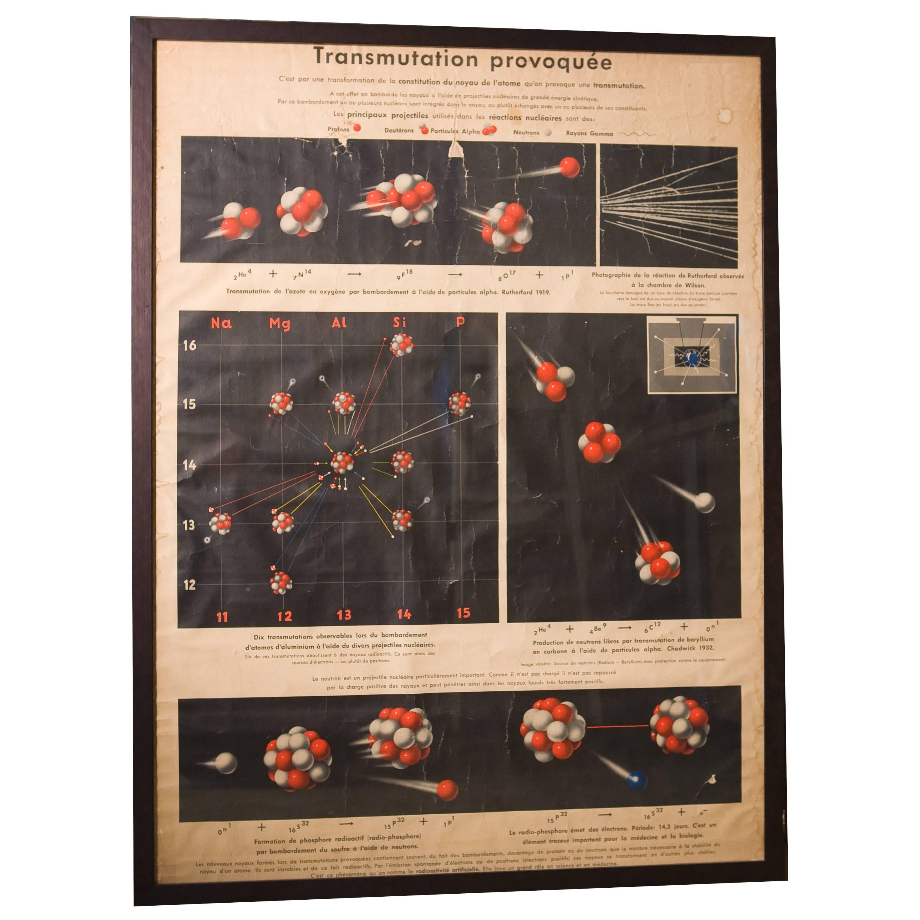 Framed Vintage French Chart of Atoms and Nuclear Transmutation circa 1950