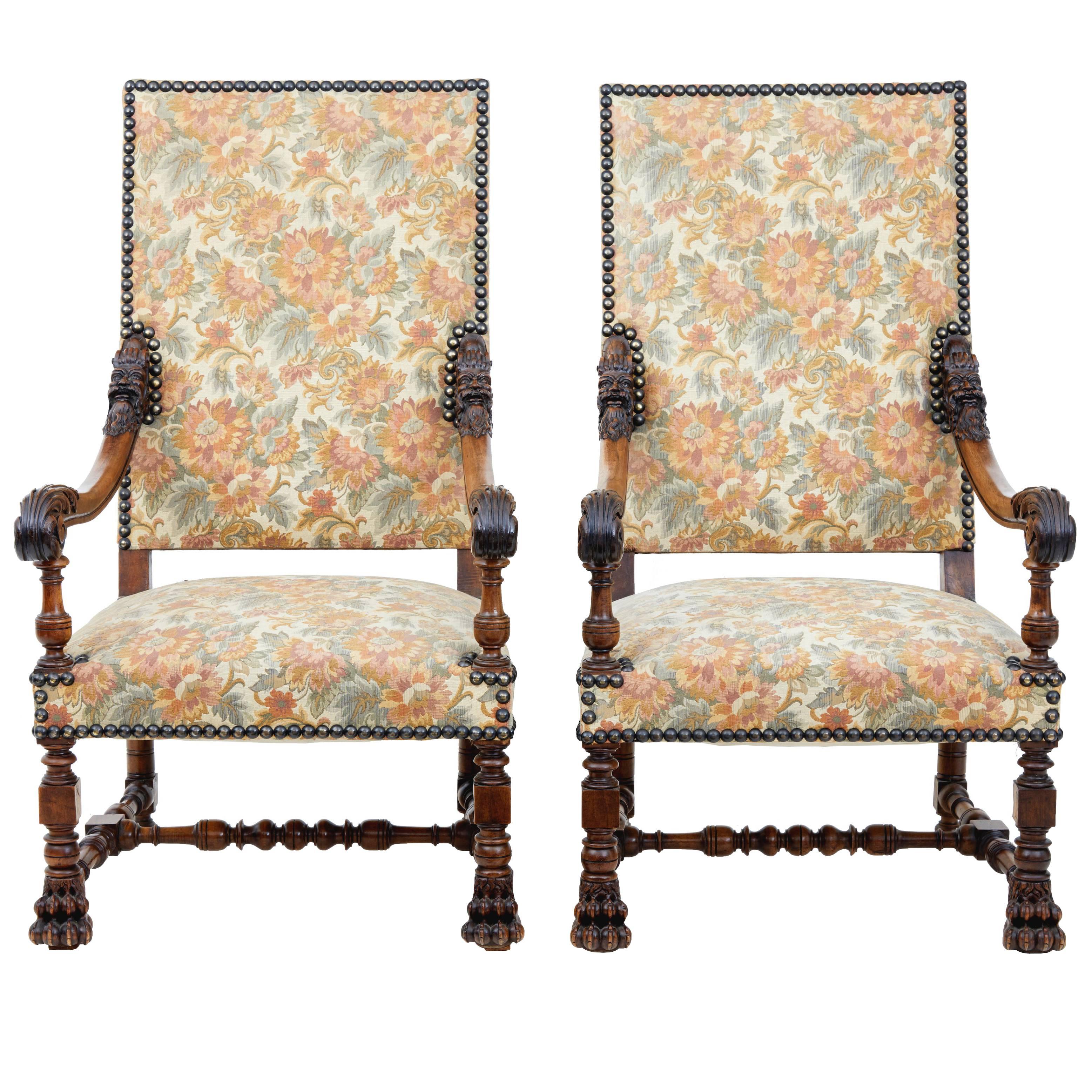 Fine Pair of 19th Century French Carved Walnut Armchairs