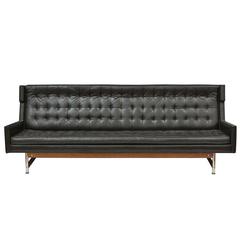 Vintage Enormous Tufted Leather Sofa with Aluminium and Walnut Base, circa 1950s