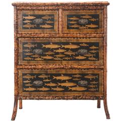 19th Century Victorian Decoupage Fish Bamboo Chest of Drawers