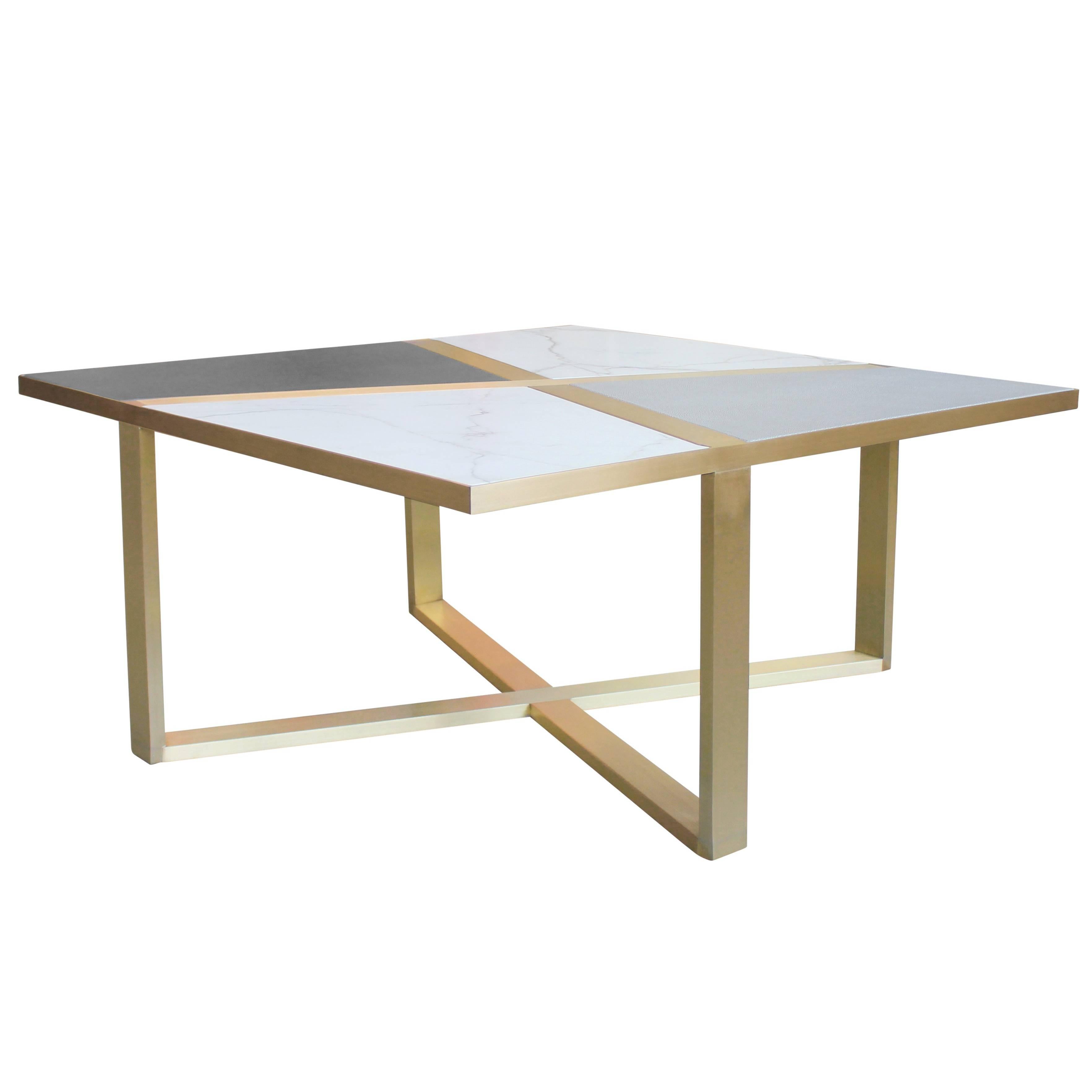 Georgica Bronze Frame Cocktail Table with Inlaid Marble and Leather For Sale