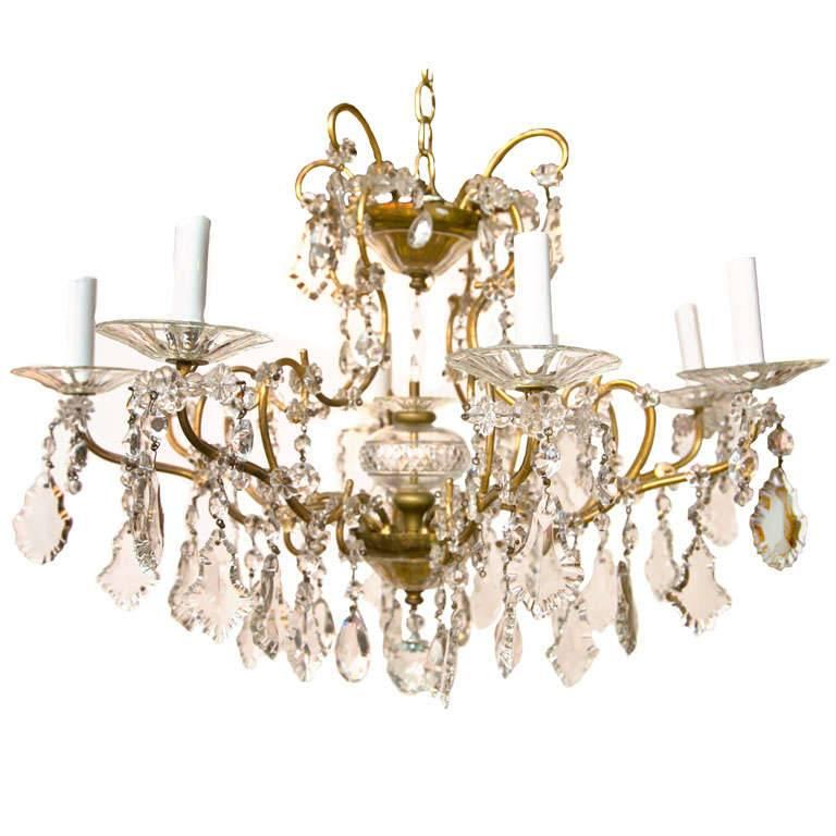 Italian Midcentury Gilt Bronze and Crystal Chandelier For Sale
