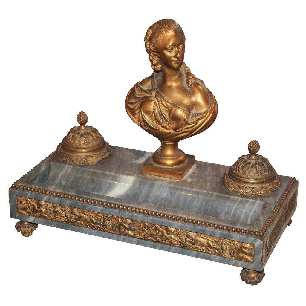 Antique French Bronze and Marble Inkwell, circa 1880 For Sale