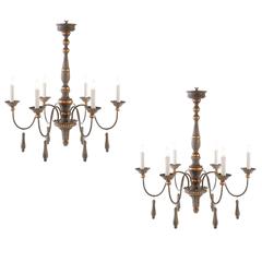 One Pair of Chic Six-Arm Chandeliers in Lovely French Grey Finish, Gilt Accents 8