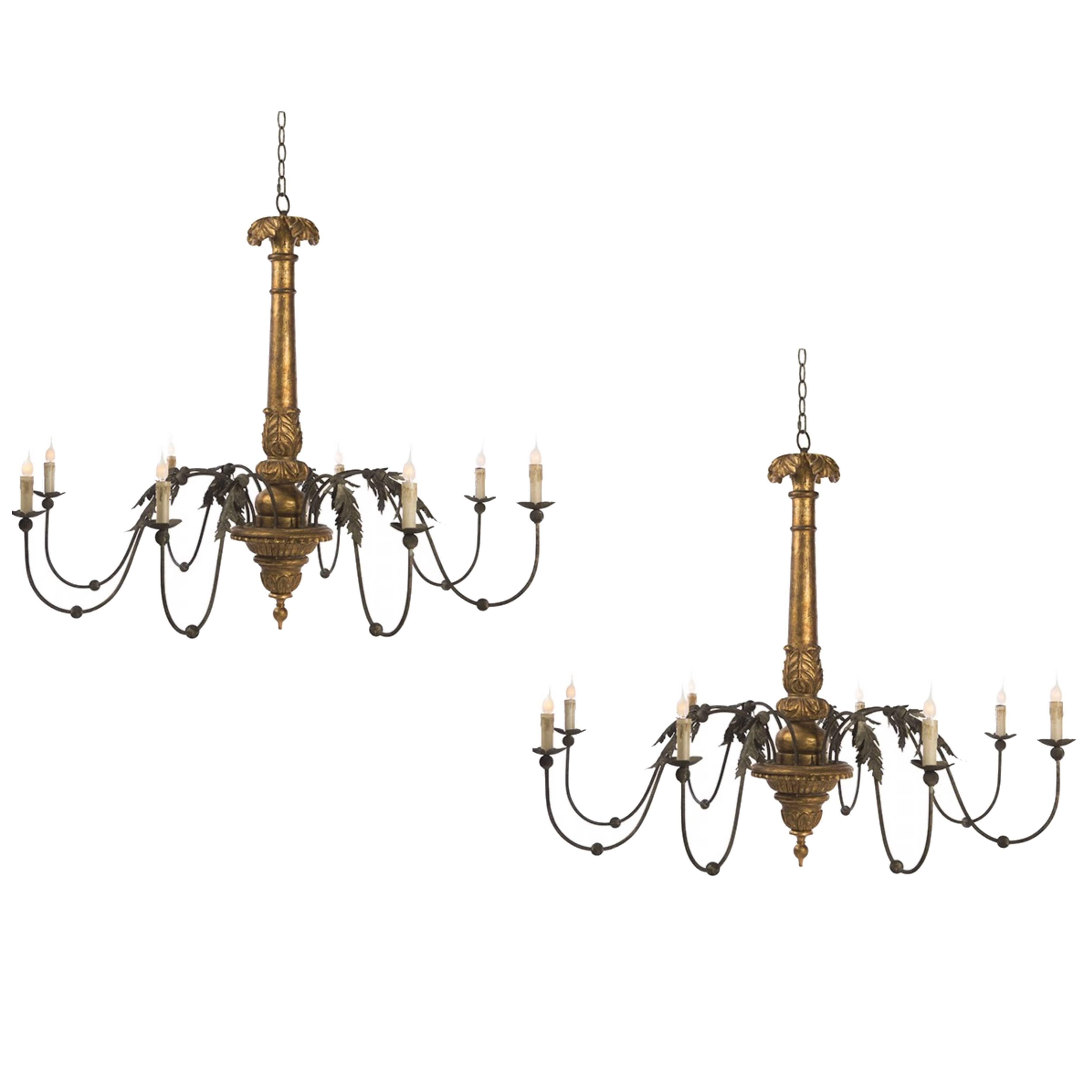 Two Giltwood and Tole Eight-Arm Chandeliers of Large Scale