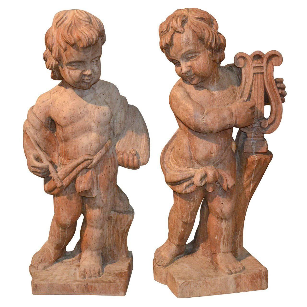 Pair of Italian Carved Wooden Cherubs, circa 1860