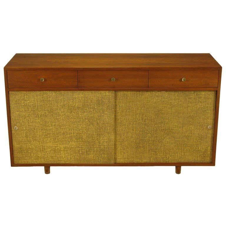 Custom Walnut and Lacquered Linen Sliding Door Nine-Drawer Cabinet