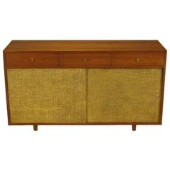 Custom Walnut and Lacquered Linen Sliding Door Nine-Drawer Cabinet 9