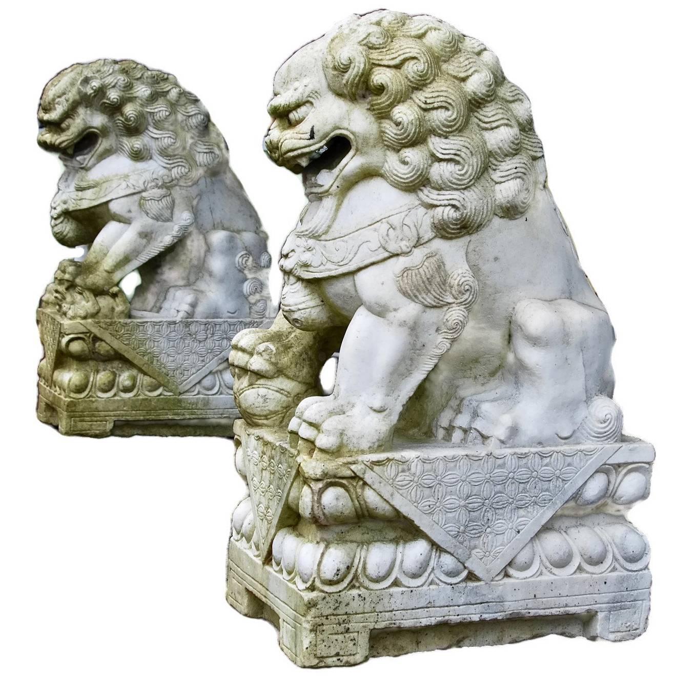 Antique Pair of 19th Century Chinese Hand-Carved White Marble Guardian Foo Lions