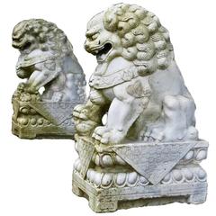 Antique Pair of 19th Century Chinese Hand-Carved White Marble Guardian Foo Lions