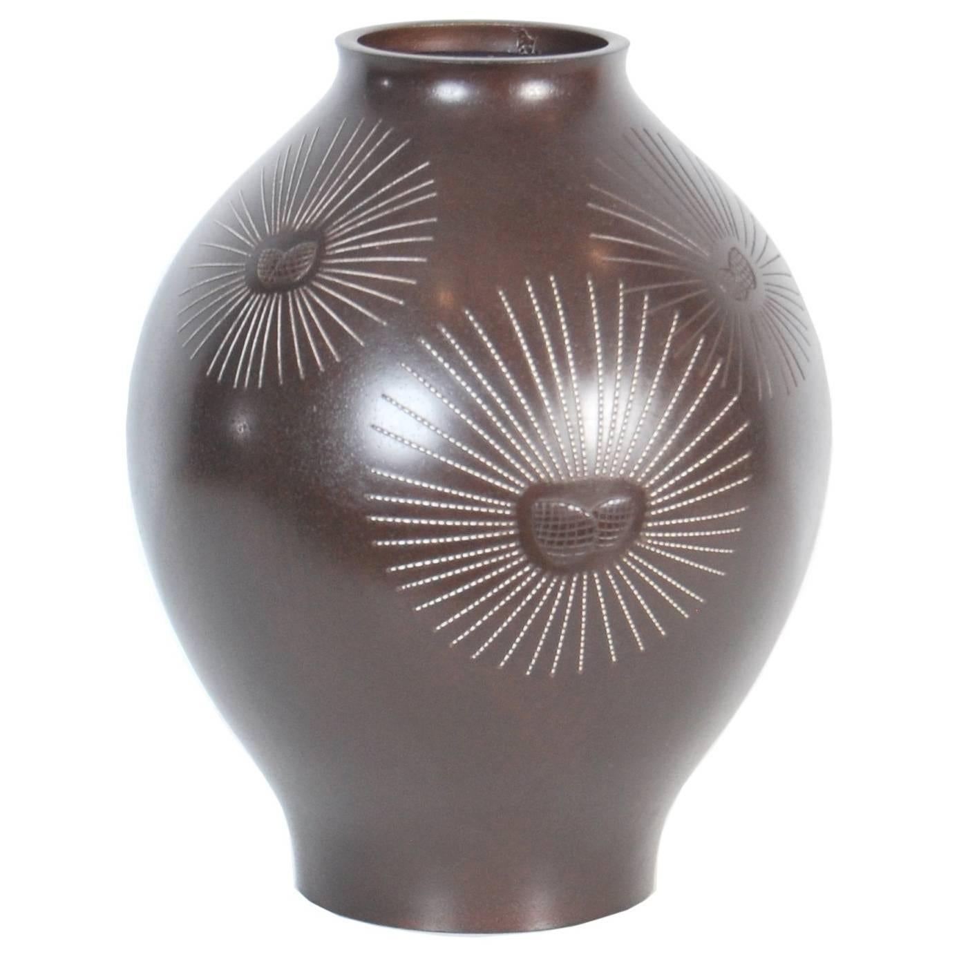 Vintage Japanese Bronze Vase with Silver Pine Needle Inlay, Taisho Period