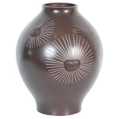 Vintage Japanese Bronze Vase with Silver Pine Needle Inlay, Taisho Period 12